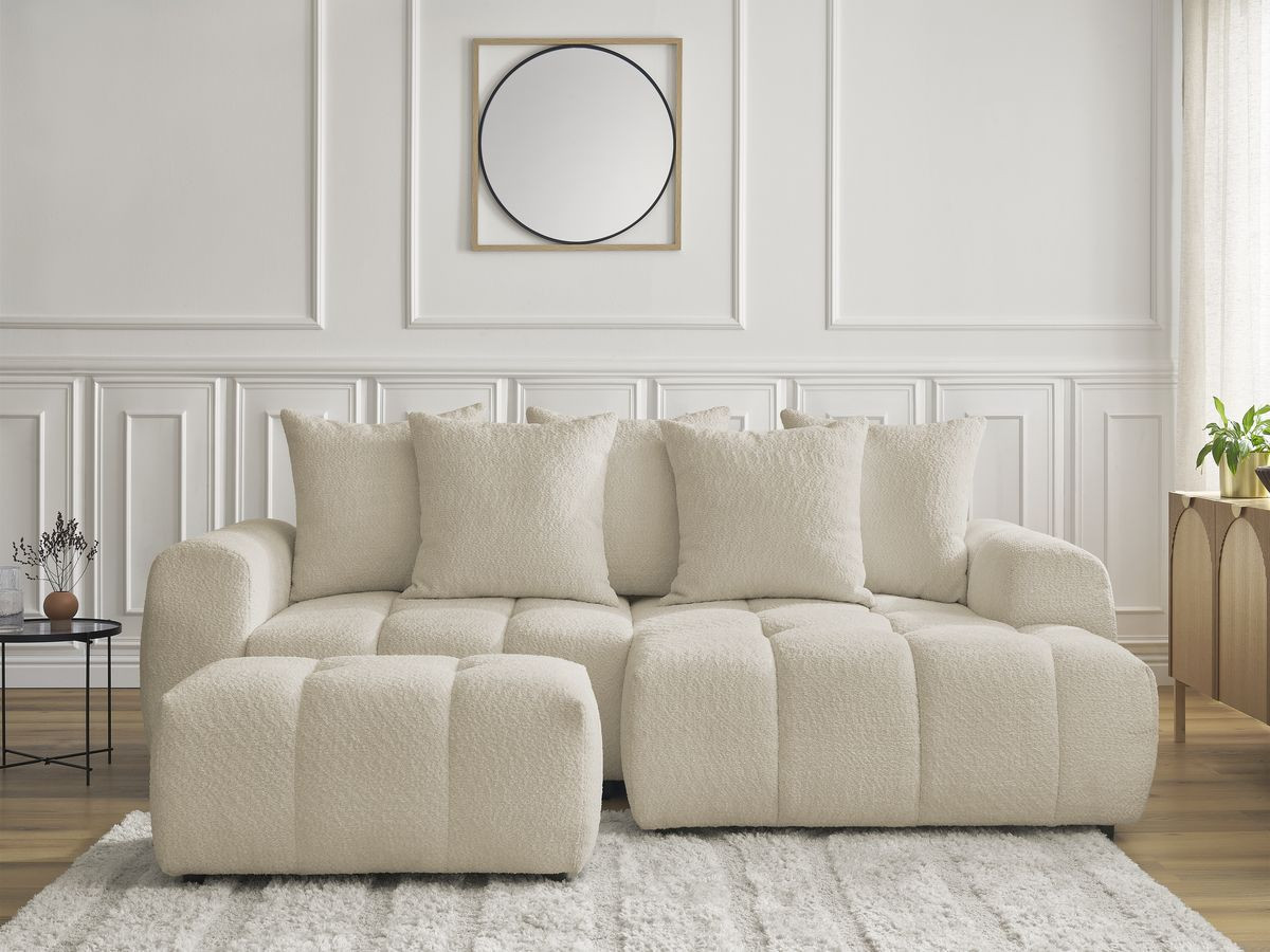 Canapé d'angle convertible coffre ROXELANE bouclette avec pouf beige — vue 5