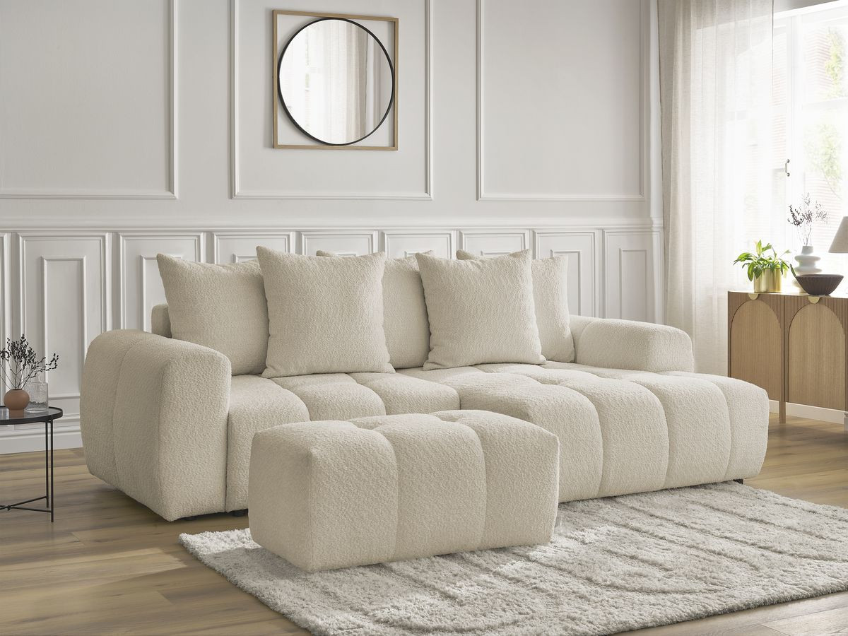Canapé d'angle convertible coffre ROXELANE tissu bouclette avec pouf