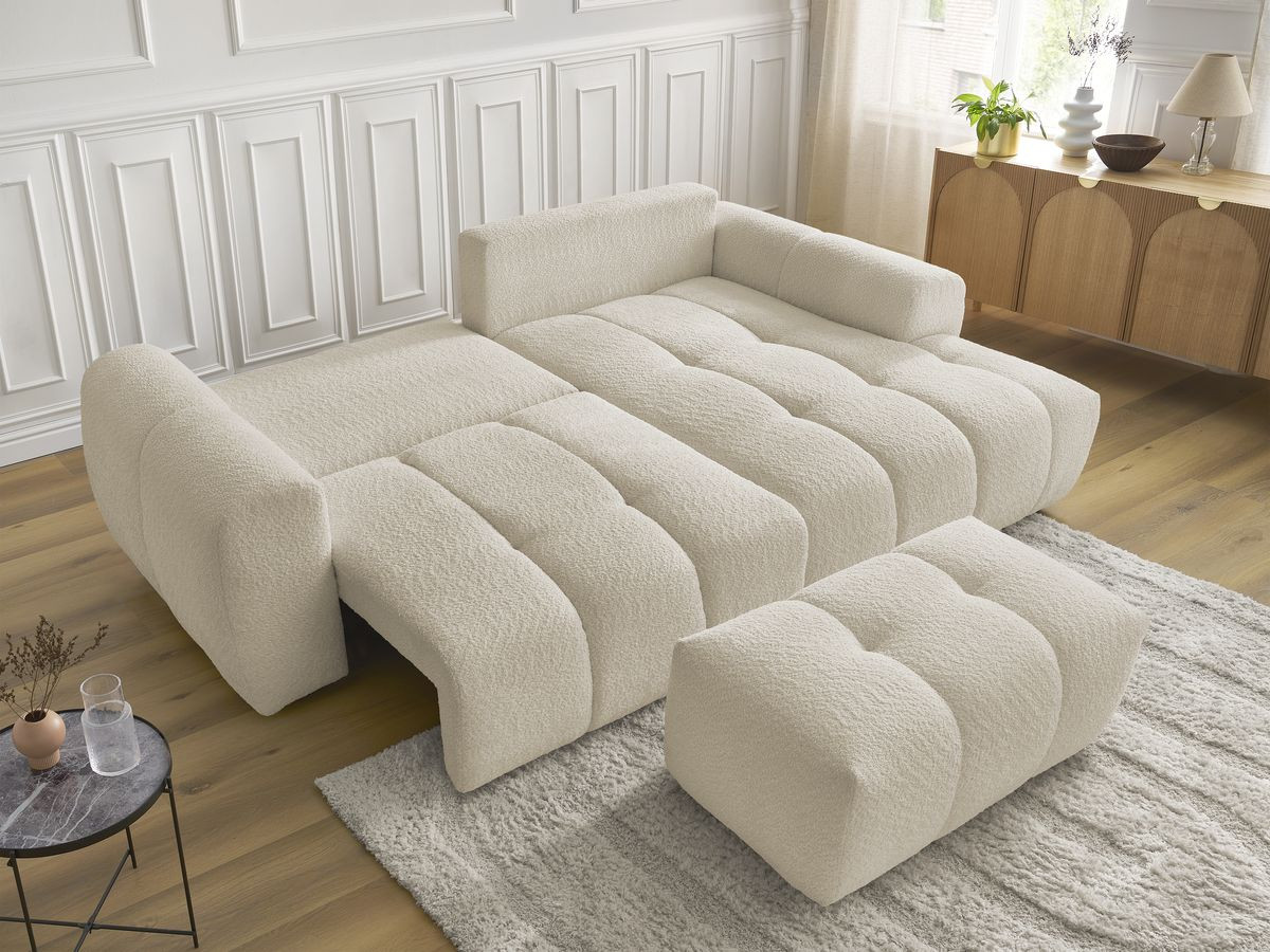 Canapé d'angle convertible coffre ROXELANE tissu bouclette avec pouf