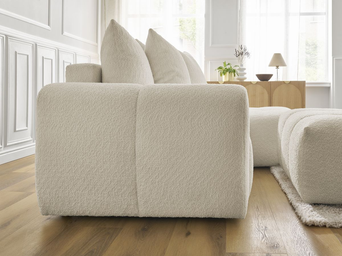 Canapé d'angle convertible coffre ROXELANE tissu bouclette avec pouf