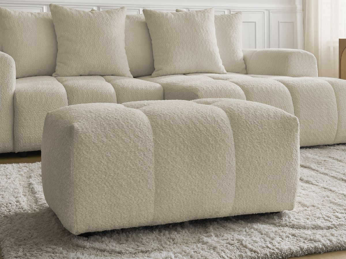 Canapé d'angle convertible coffre ROXELANE tissu bouclette avec pouf