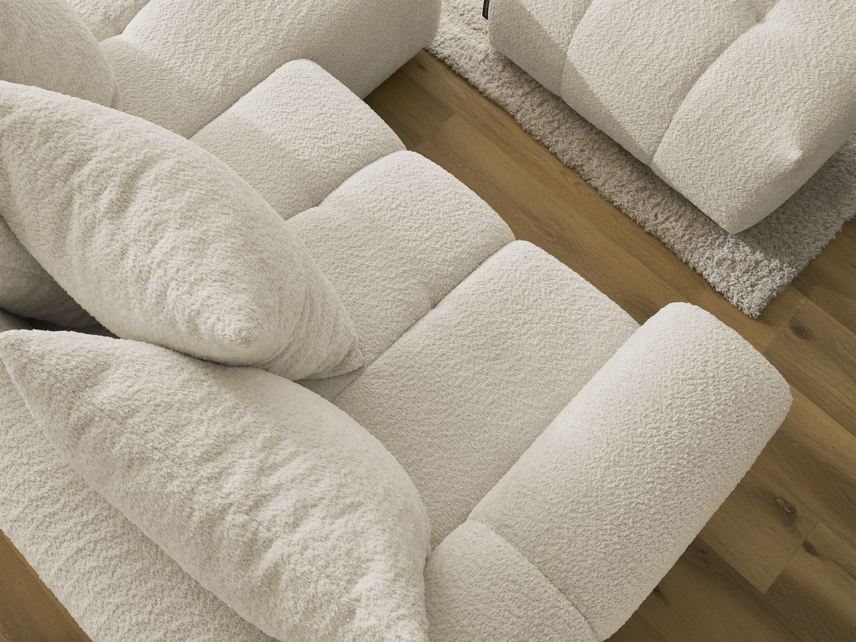 Canapé d'angle convertible coffre ROXELANE tissu bouclette avec pouf