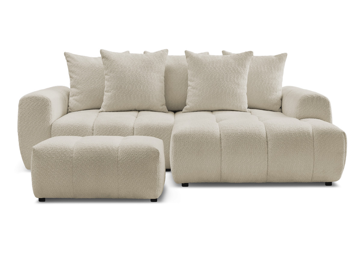 Canapé d'angle convertible coffre ROXELANE tissu bouclette avec pouf