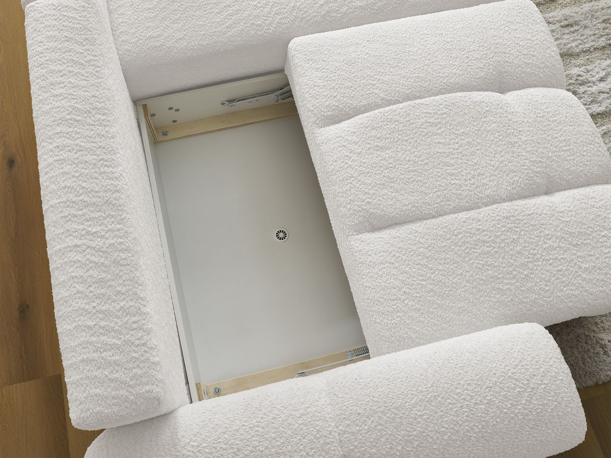 Canapé d'angle convertible coffre ROXELANE tissu bouclette avec pouf