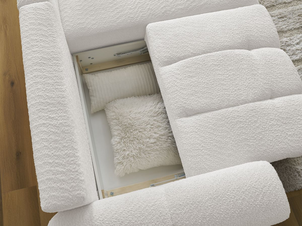 Canapé d'angle convertible coffre ROXELANE tissu bouclette avec pouf