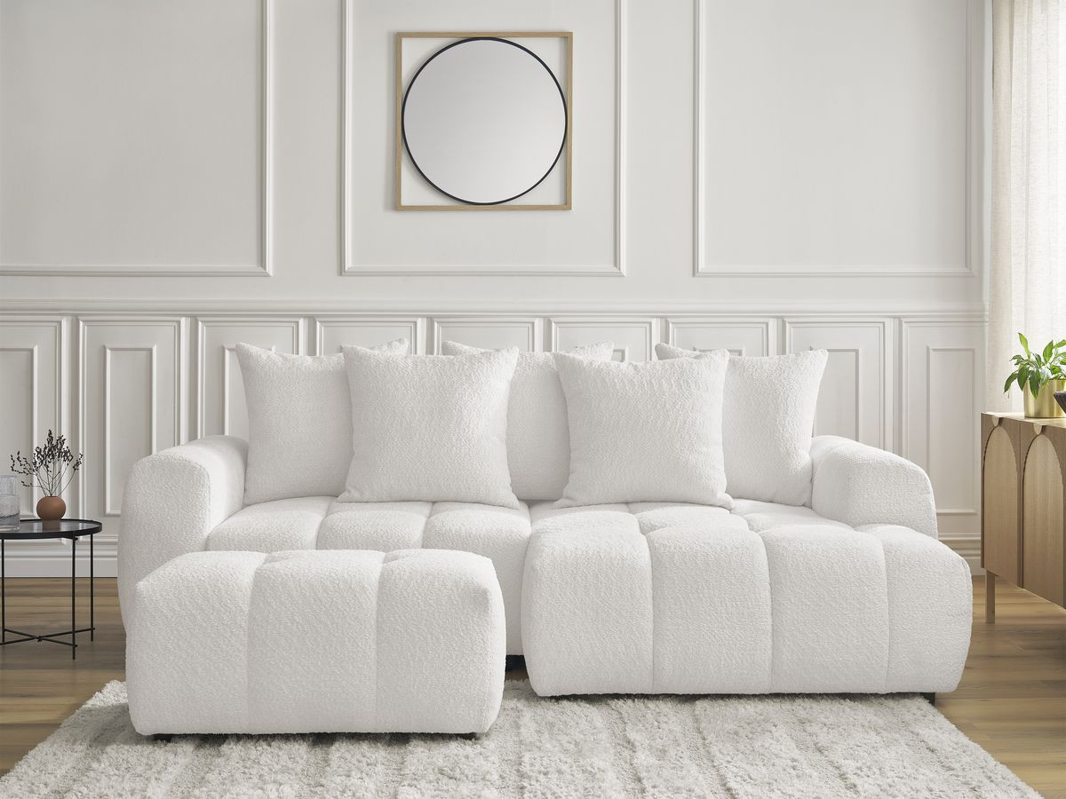 Canapé d'angle convertible coffre ROXELANE tissu bouclette avec pouf blanc angle droit BOBOCHIC 3 places - Vue supplémentaire 3