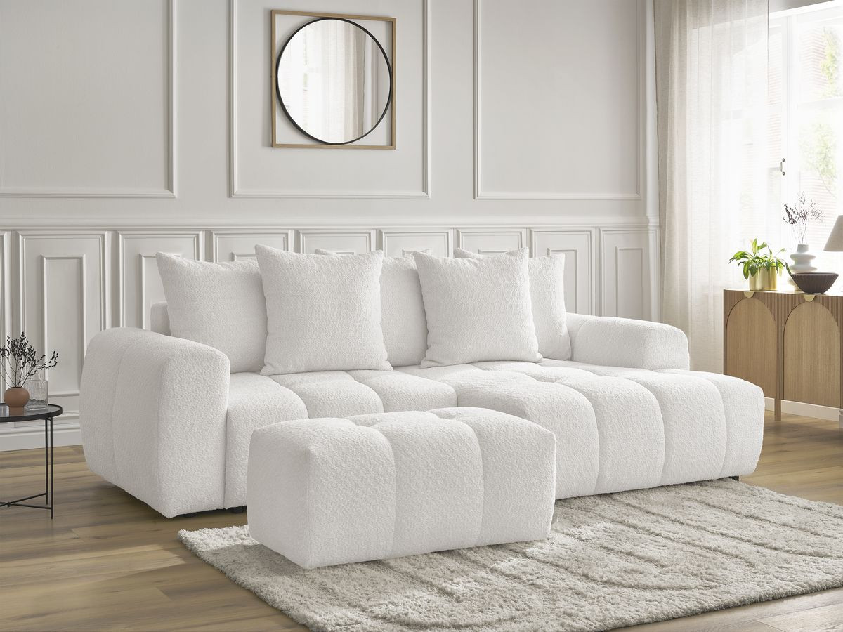 Canapé d'angle convertible coffre ROXELANE tissu bouclette avec pouf