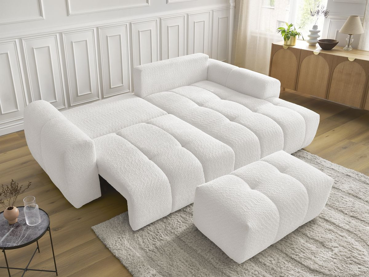 Canapé d'angle convertible coffre ROXELANE tissu bouclette avec pouf