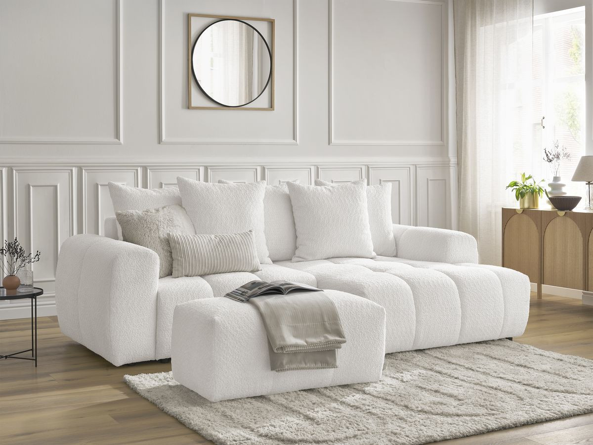 Canapé d'angle convertible coffre ROXELANE tissu bouclette avec pouf