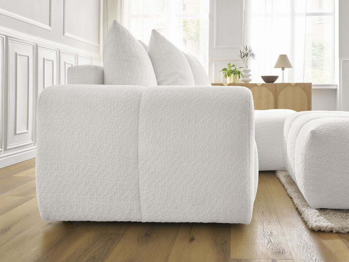 Canapé d'angle convertible coffre ROXELANE tissu bouclette avec pouf
