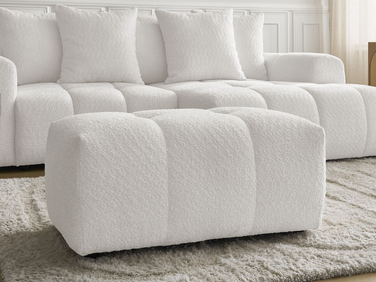 Canapé d'angle convertible coffre ROXELANE tissu bouclette avec pouf