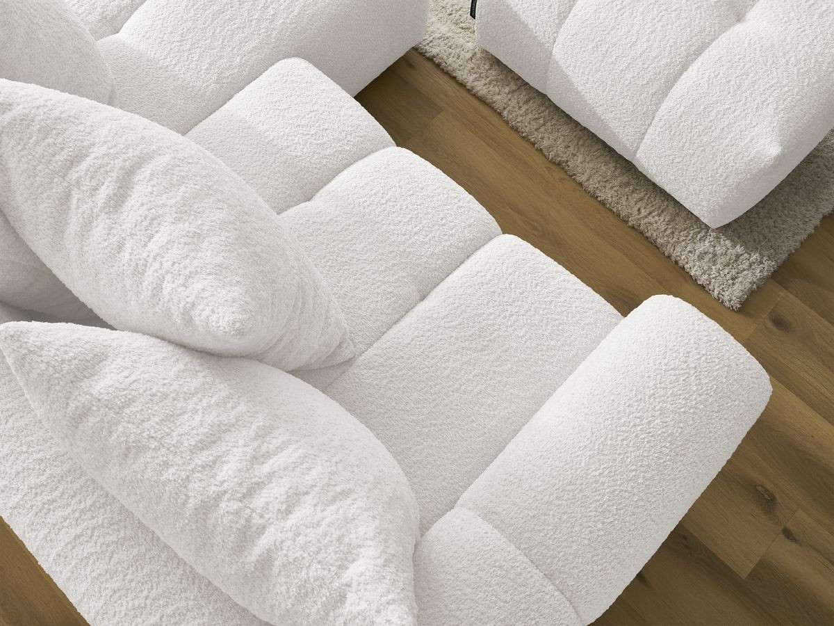 Canapé d'angle convertible coffre ROXELANE tissu bouclette avec pouf