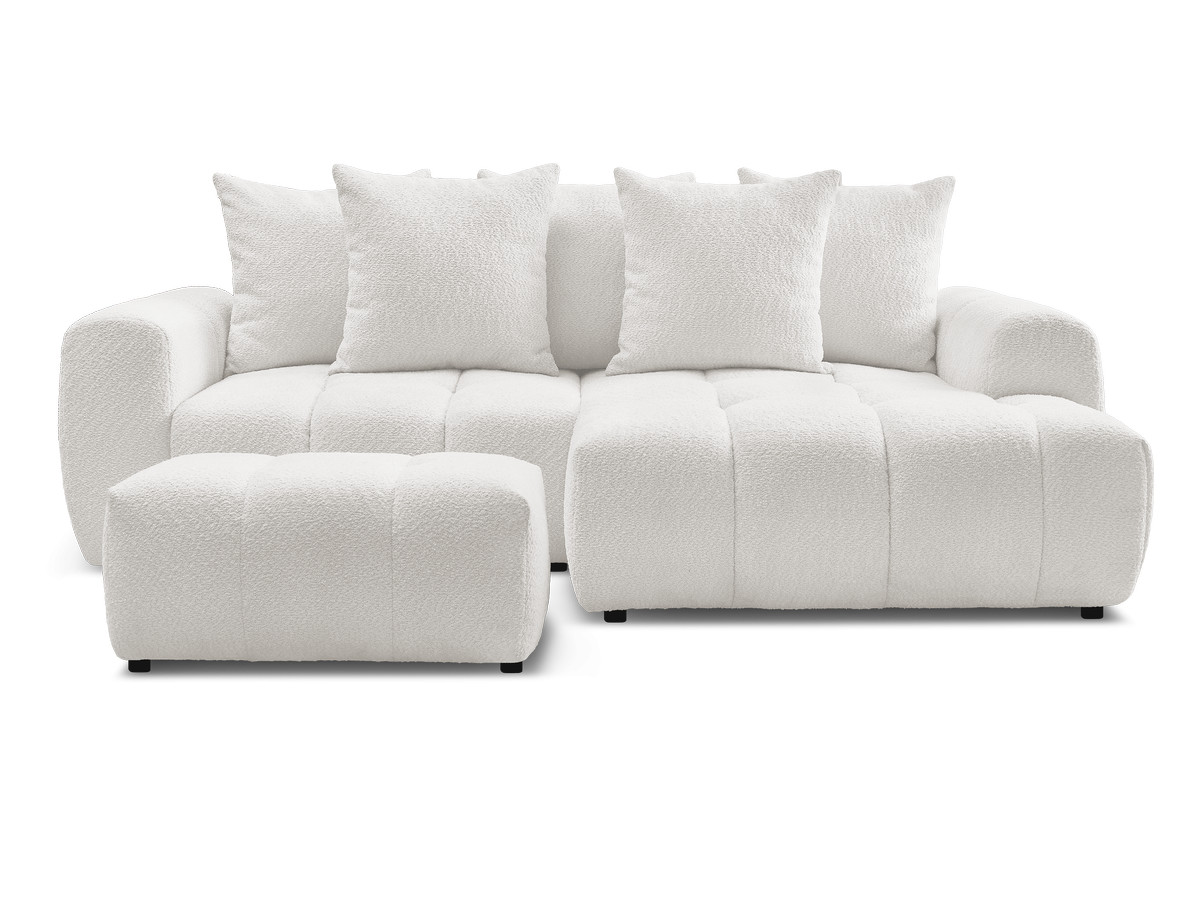 Canapé d'angle convertible coffre ROXELANE tissu bouclette avec pouf