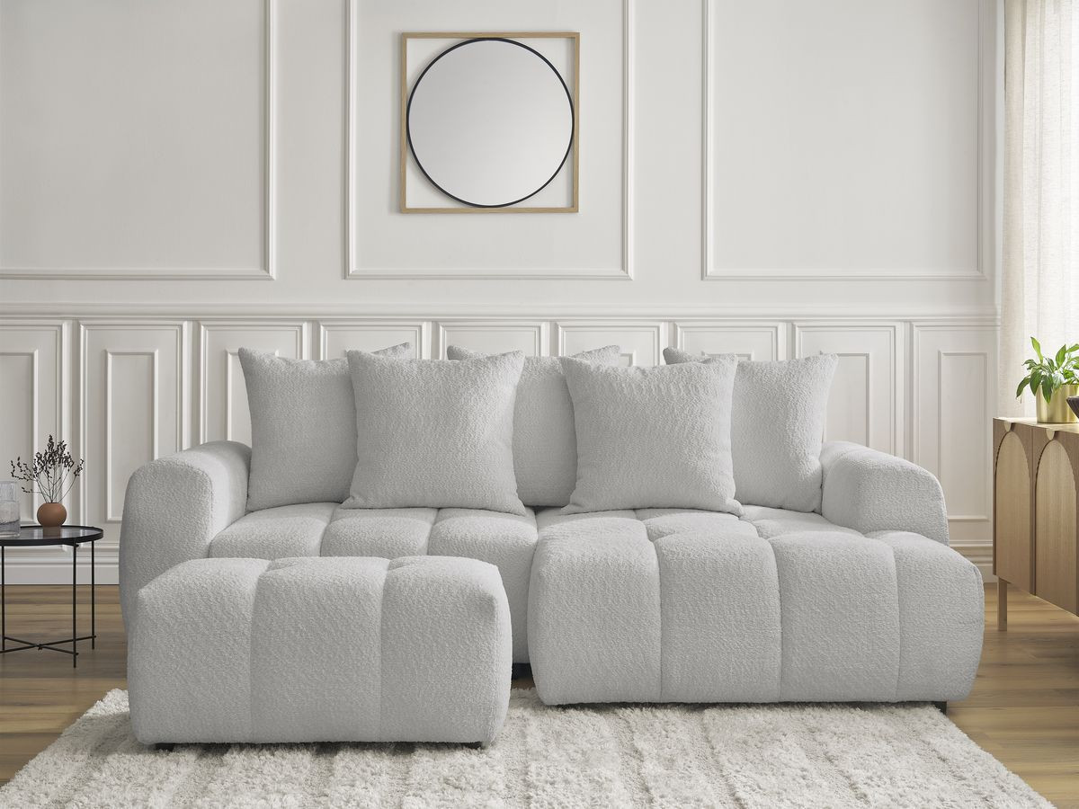 Canapé d'angle convertible coffre ROXELANE bouclette avec pouf gris clair — vue 5