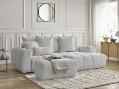 Canapé d'angle convertible coffre ROXELANE tissu bouclette avec pouf