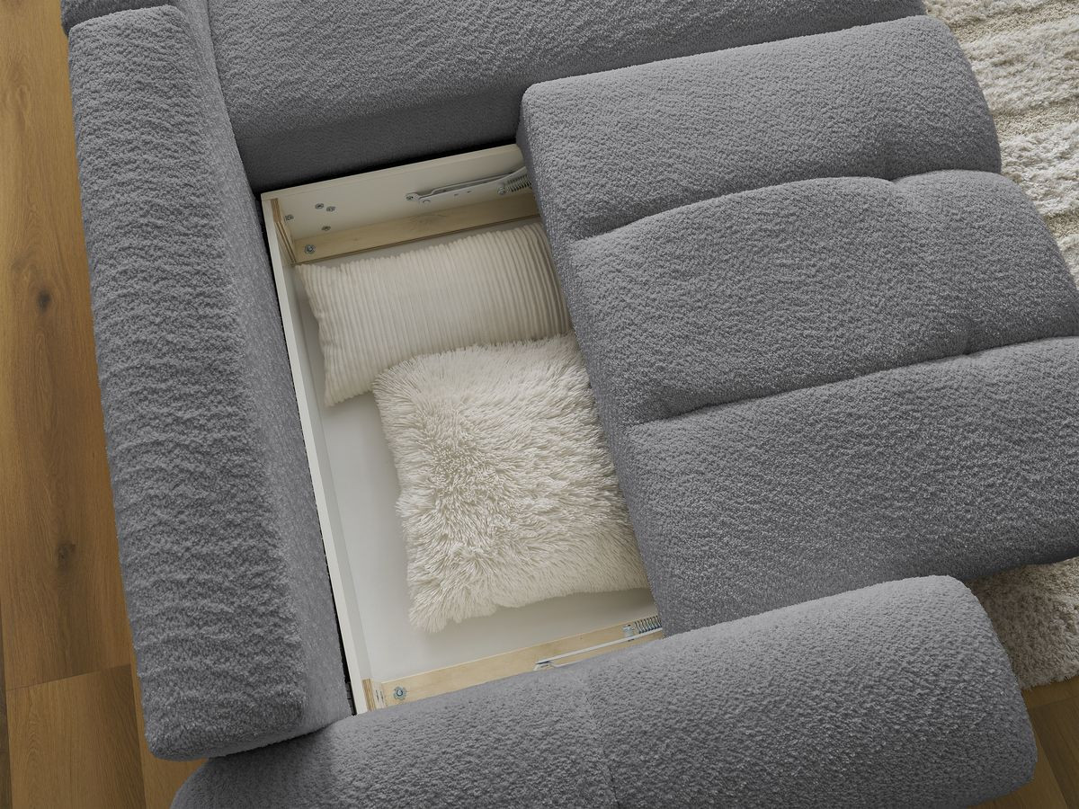 Canapé d'angle convertible coffre ROXELANE tissu bouclette avec pouf