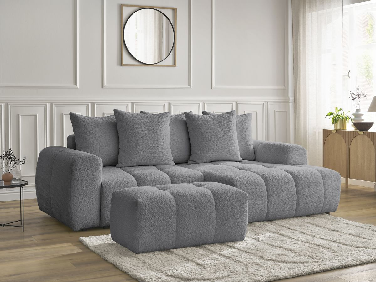 Canapé d'angle convertible coffre ROXELANE tissu bouclette avec pouf