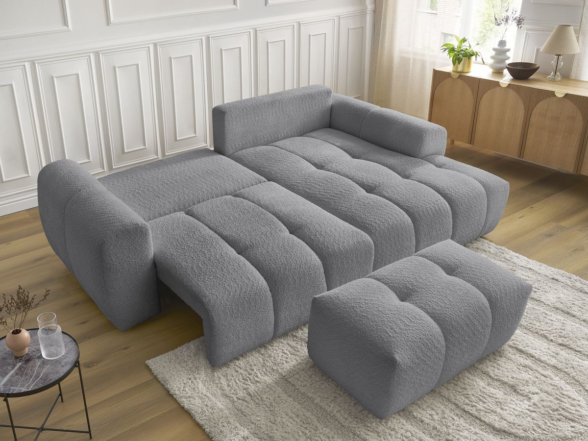 Canapé d'angle convertible coffre ROXELANE tissu bouclette avec pouf