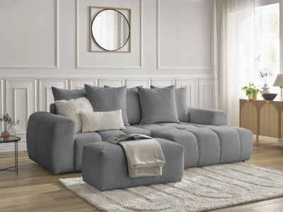 Canapé d'angle convertible coffre ROXELANE tissu bouclette avec pouf