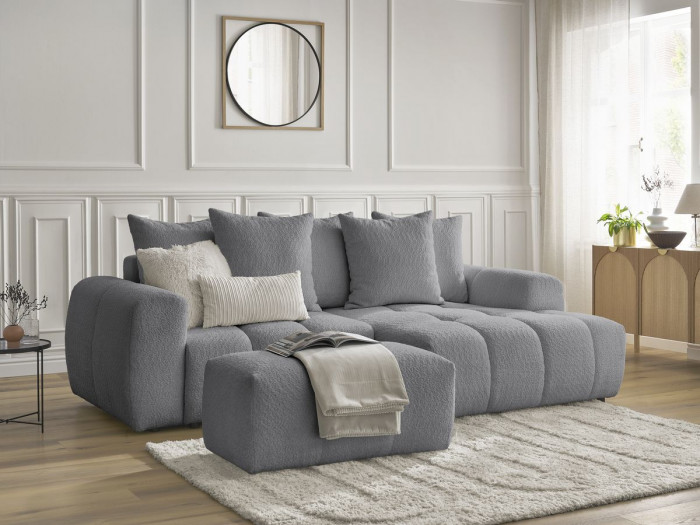 Canapé d'angle convertible coffre ROXELANE tissu bouclette avec pouf