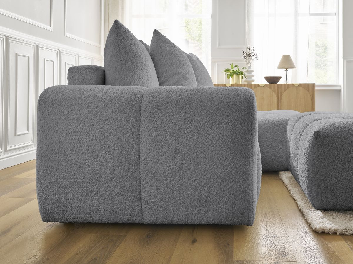 Canapé d'angle convertible coffre ROXELANE tissu bouclette avec pouf