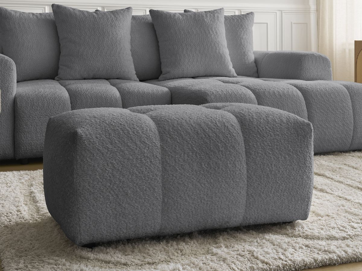 Canapé d'angle convertible coffre ROXELANE tissu bouclette avec pouf