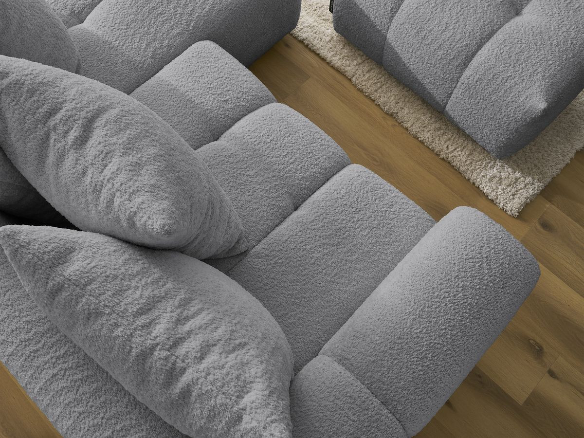 Canapé d'angle convertible coffre ROXELANE tissu bouclette avec pouf