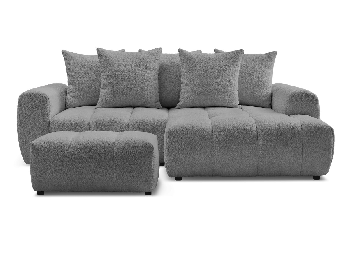 Canapé d'angle convertible coffre ROXELANE tissu bouclette avec pouf
