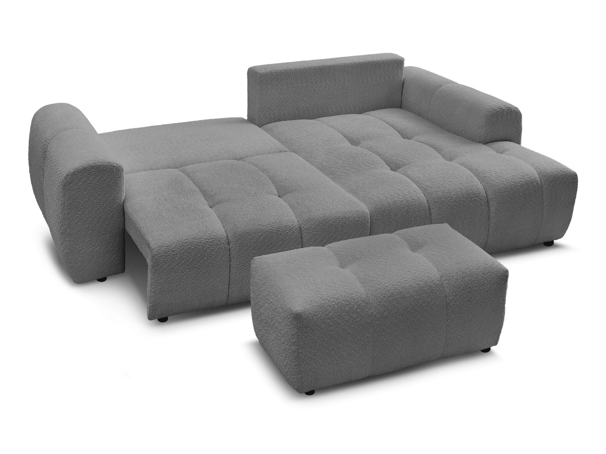 Canapé d'angle convertible coffre ROXELANE tissu bouclette avec pouf