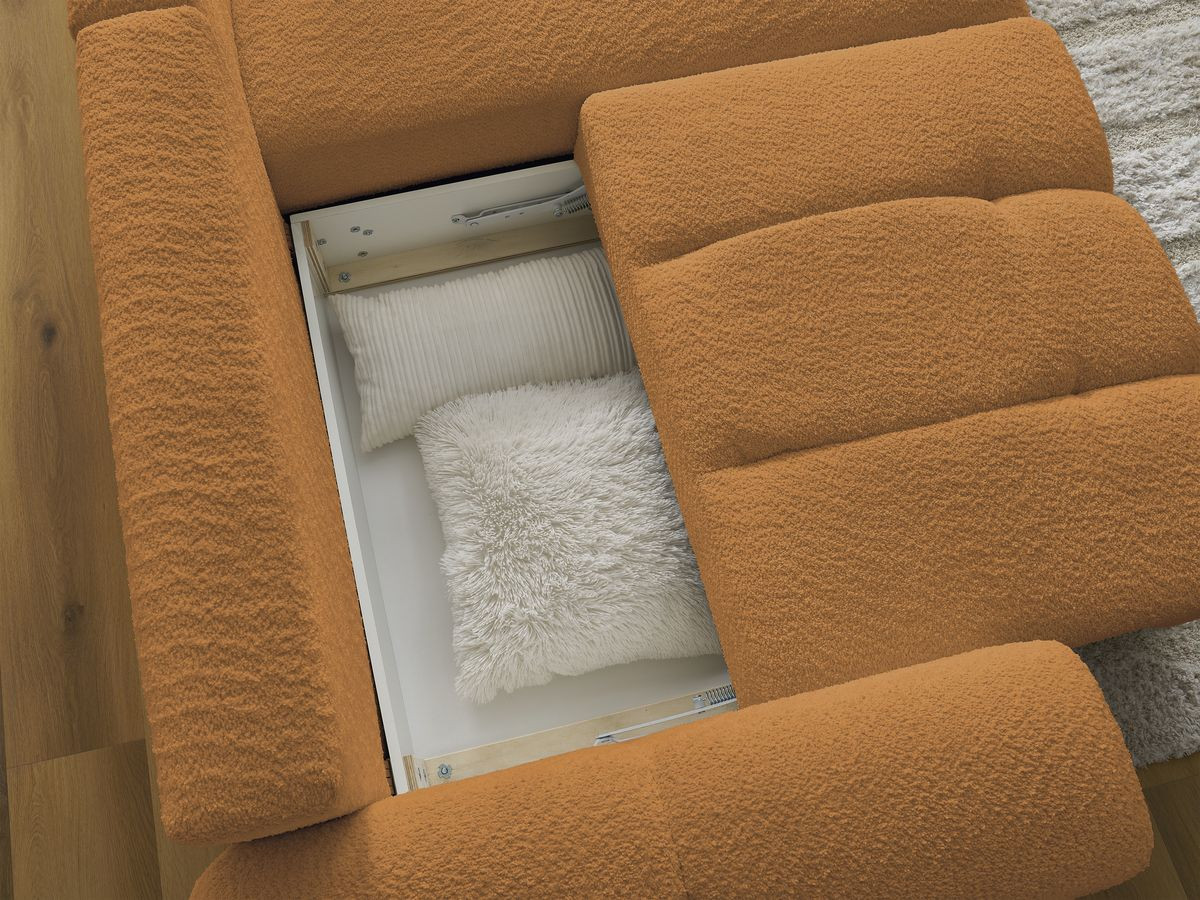 Canapé d'angle convertible coffre ROXELANE tissu bouclette avec pouf