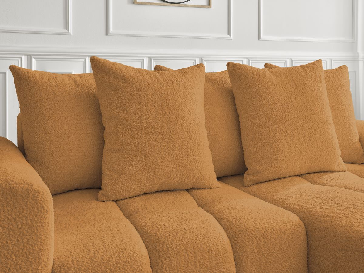 Canapé d'angle convertible coffre ROXELANE tissu bouclette avec pouf