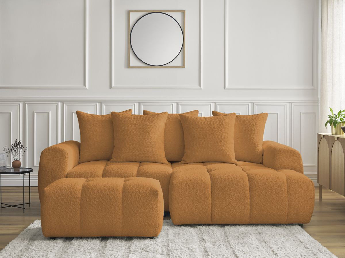 Canapé d'angle convertible coffre ROXELANE tissu bouclette avec pouf