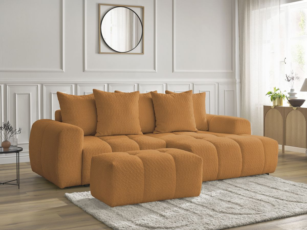 Canapé d'angle convertible coffre ROXELANE tissu bouclette avec pouf