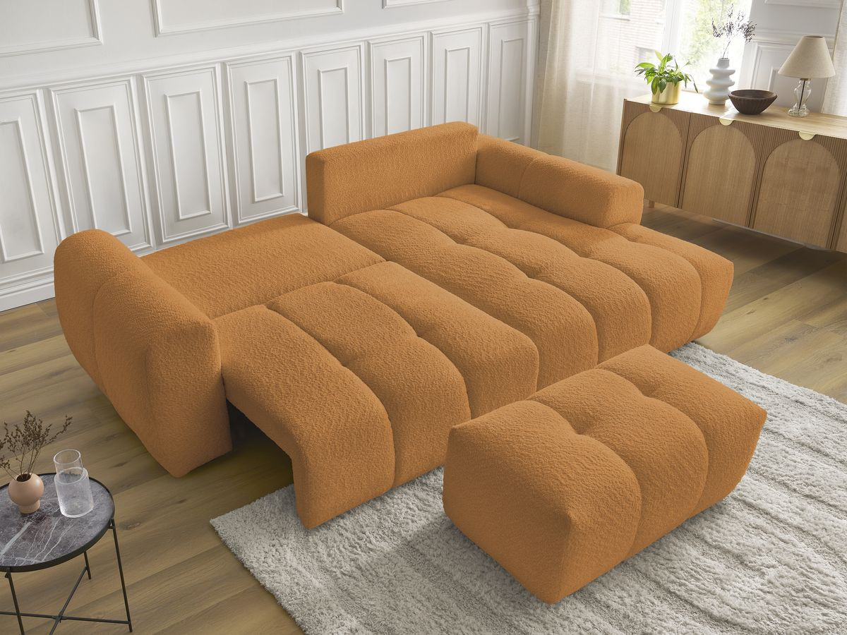 Canapé d'angle convertible coffre ROXELANE tissu bouclette avec pouf