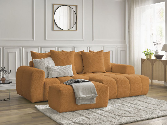 Canapé d'angle convertible coffre ROXELANE tissu bouclette avec pouf