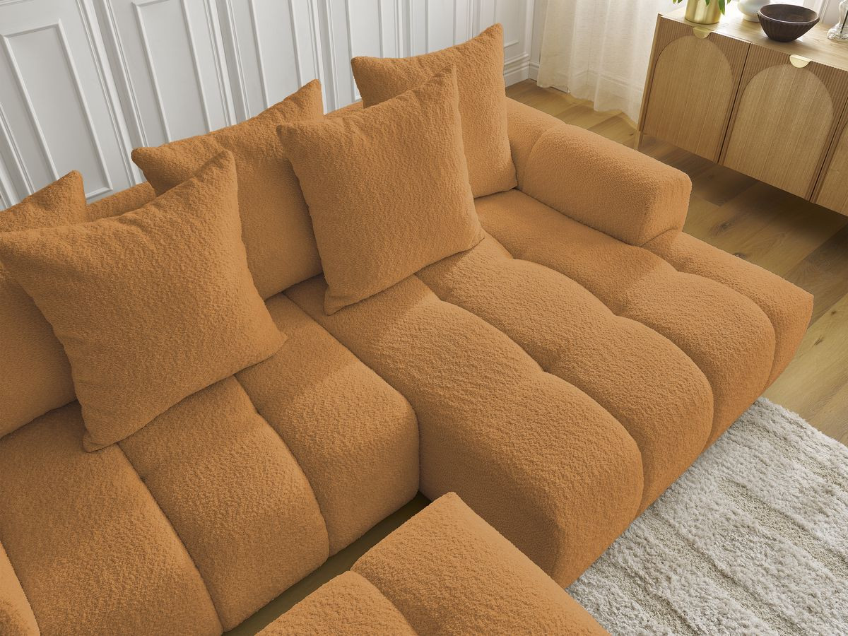 Canapé d'angle convertible coffre ROXELANE tissu bouclette avec pouf