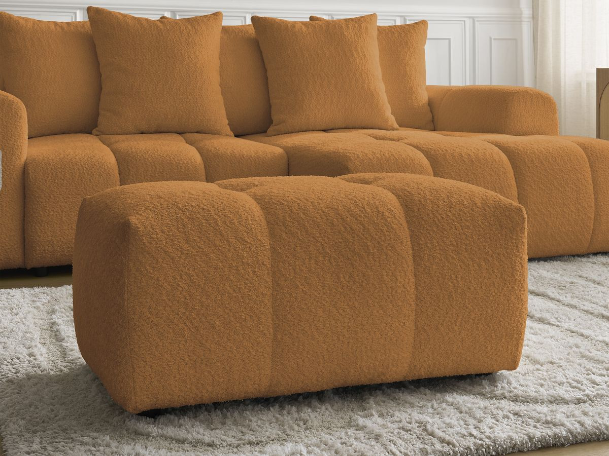 Canapé d'angle convertible coffre ROXELANE tissu bouclette avec pouf