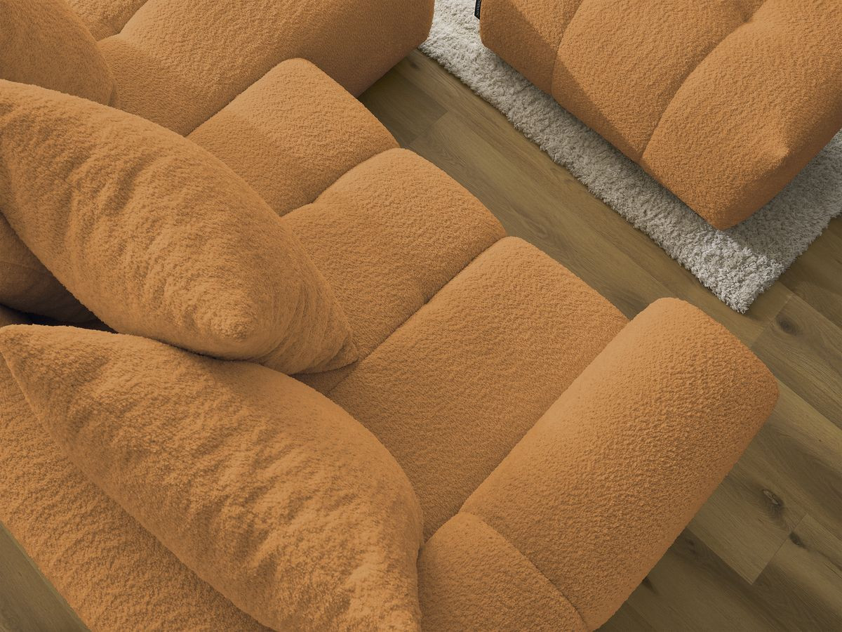 Canapé d'angle convertible coffre ROXELANE tissu bouclette avec pouf