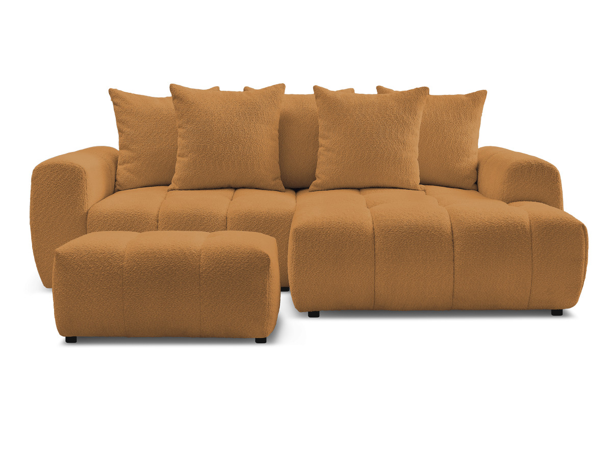 Canapé d'angle convertible coffre ROXELANE tissu bouclette avec pouf