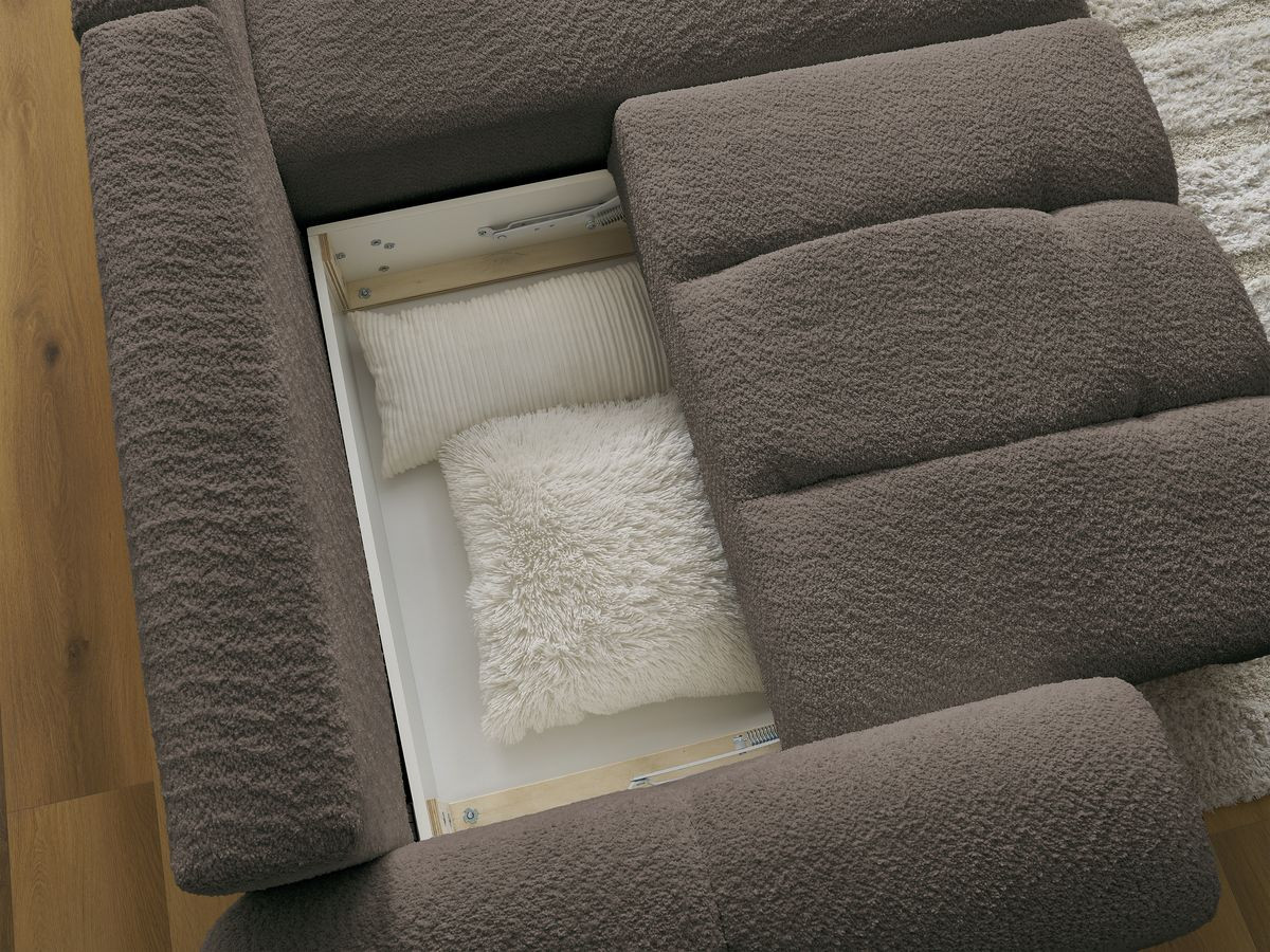 Canapé d'angle convertible coffre ROXELANE tissu bouclette avec pouf