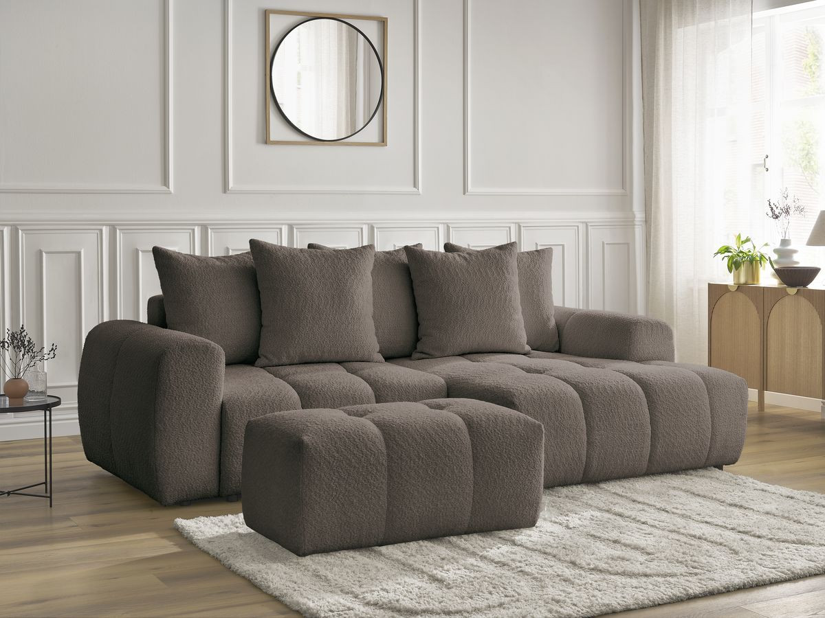 Canapé d'angle convertible coffre ROXELANE tissu bouclette avec pouf