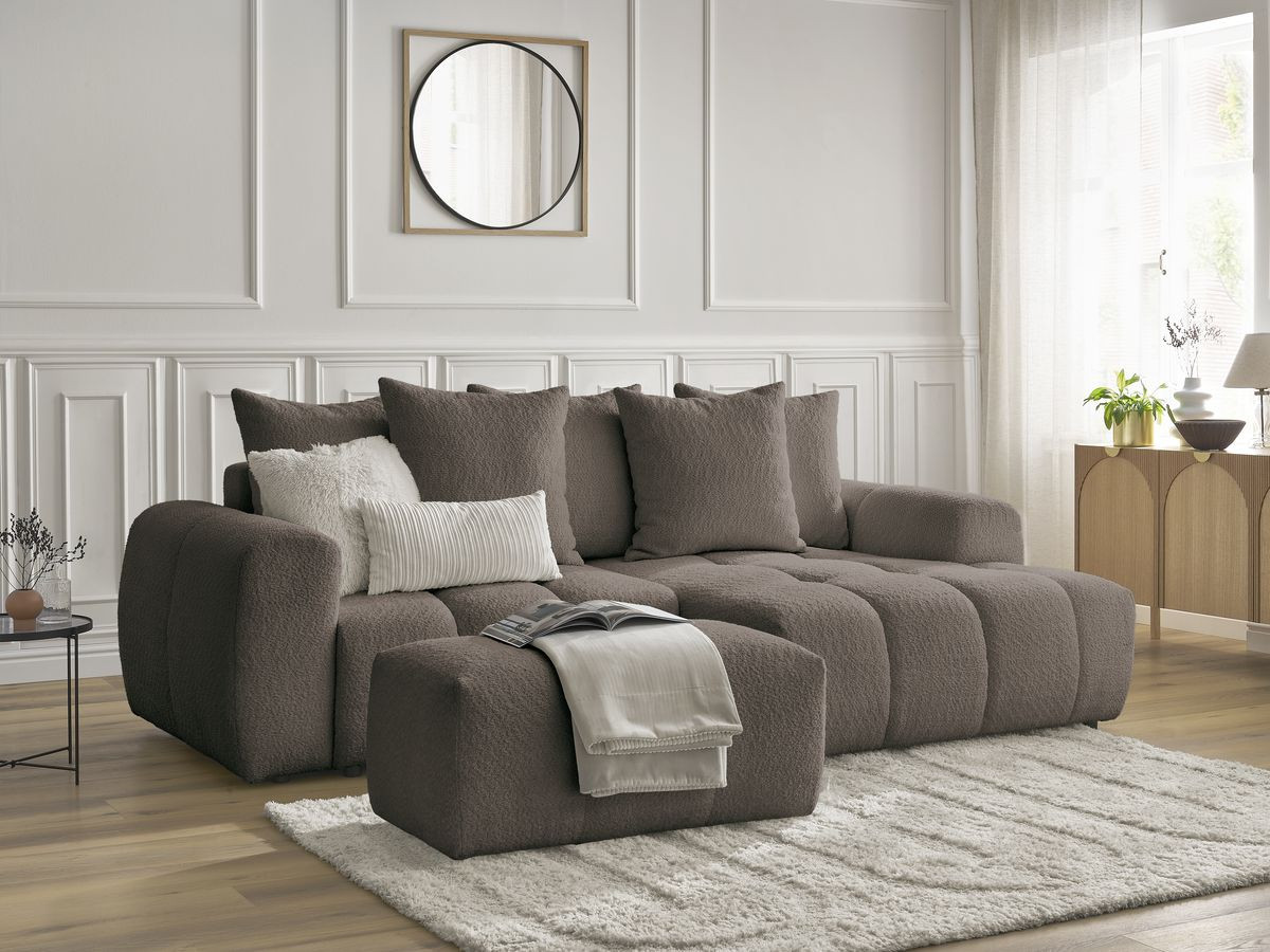 Canapé d'angle convertible coffre ROXELANE tissu bouclette avec pouf