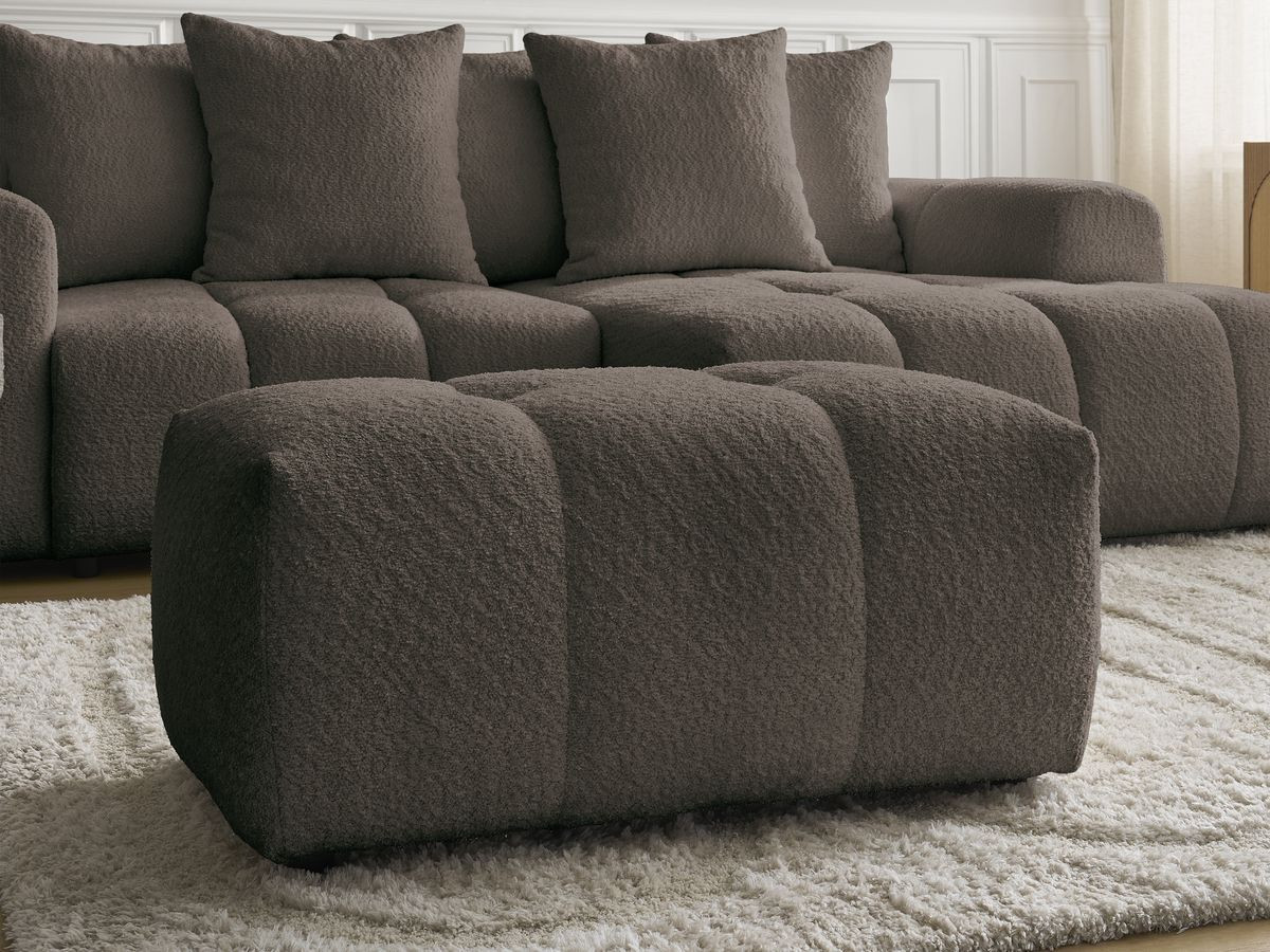 Canapé d'angle convertible coffre ROXELANE tissu bouclette avec pouf