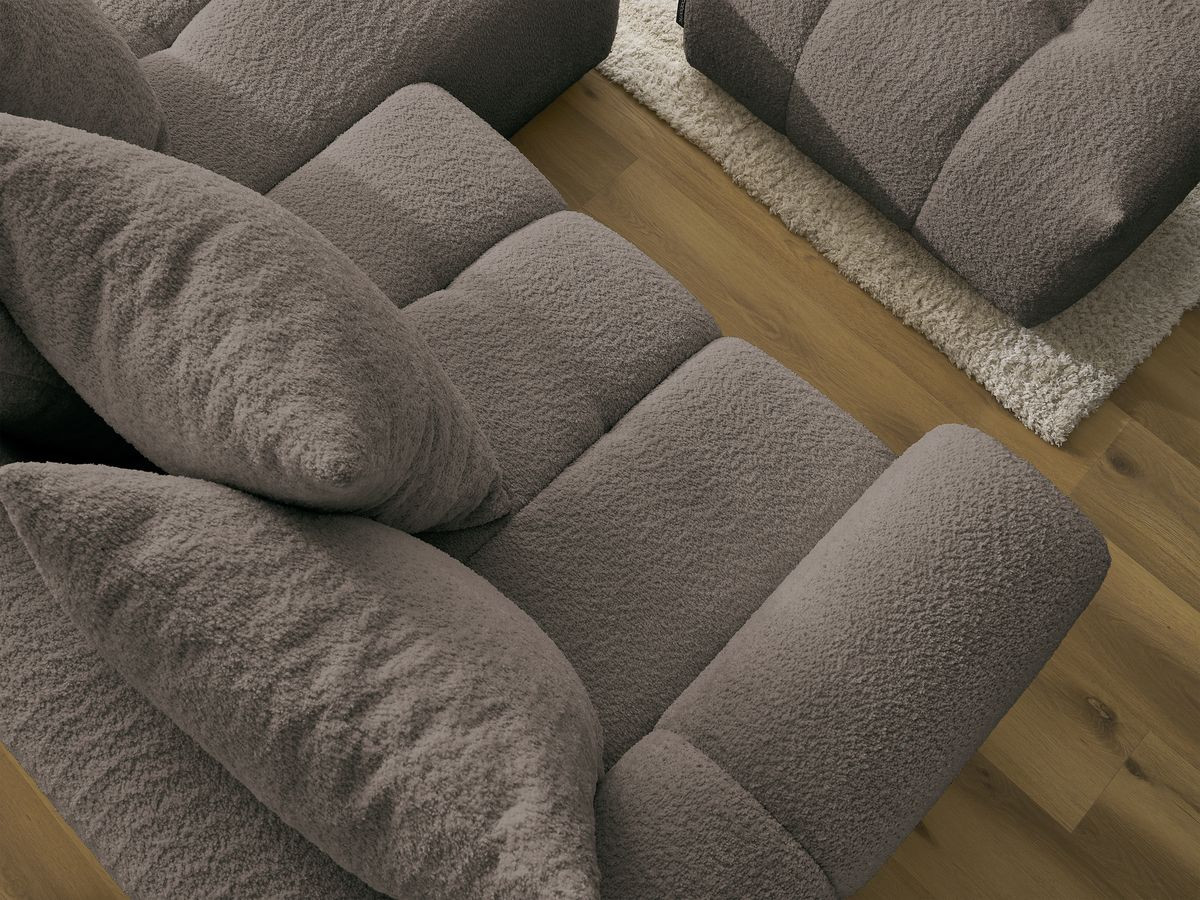 Canapé d'angle convertible coffre ROXELANE tissu bouclette avec pouf