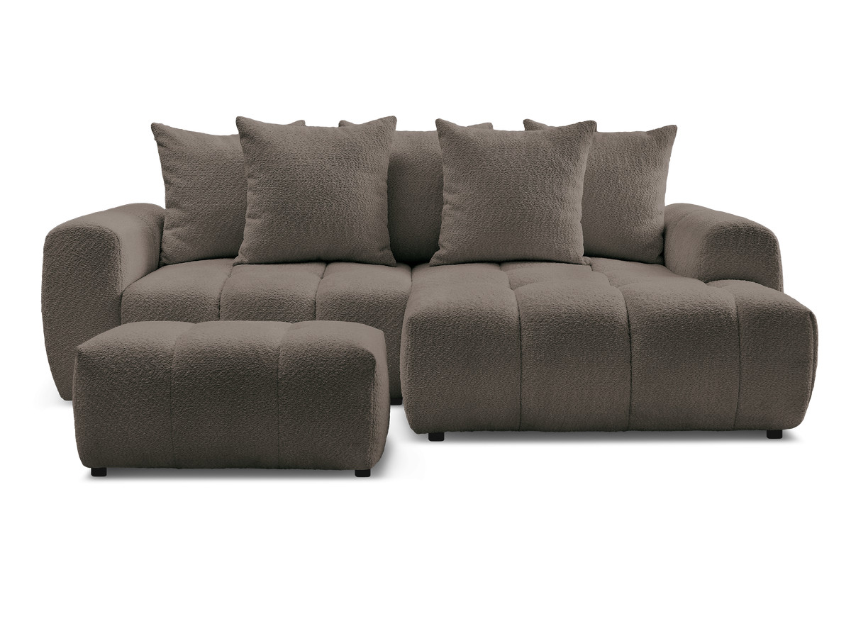 Canapé d'angle convertible coffre ROXELANE tissu bouclette avec pouf