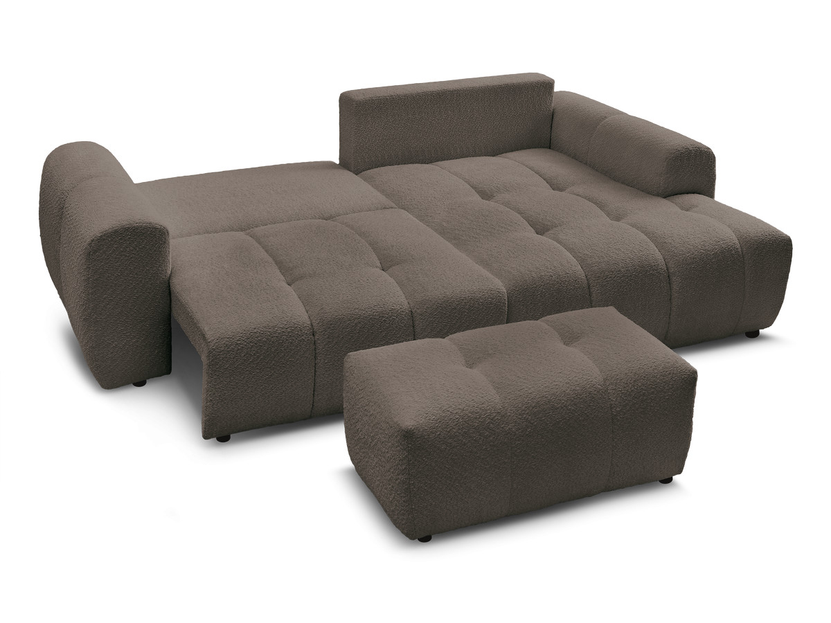 Canapé d'angle convertible coffre ROXELANE tissu bouclette avec pouf