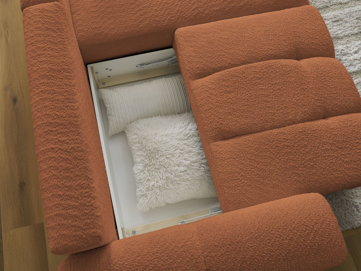 Canapé d'angle convertible coffre ROXELANE tissu bouclette avec pouf