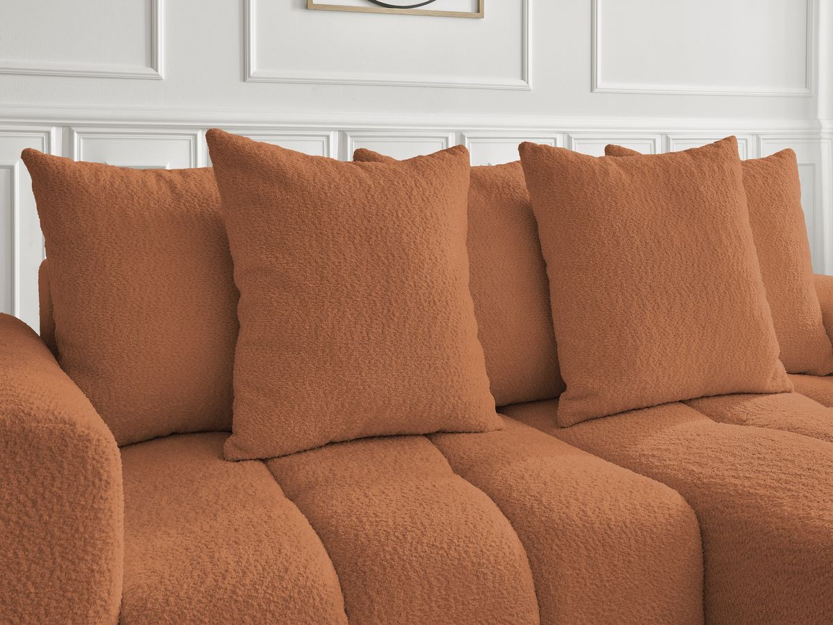 Canapé d'angle convertible coffre ROXELANE tissu bouclette avec pouf