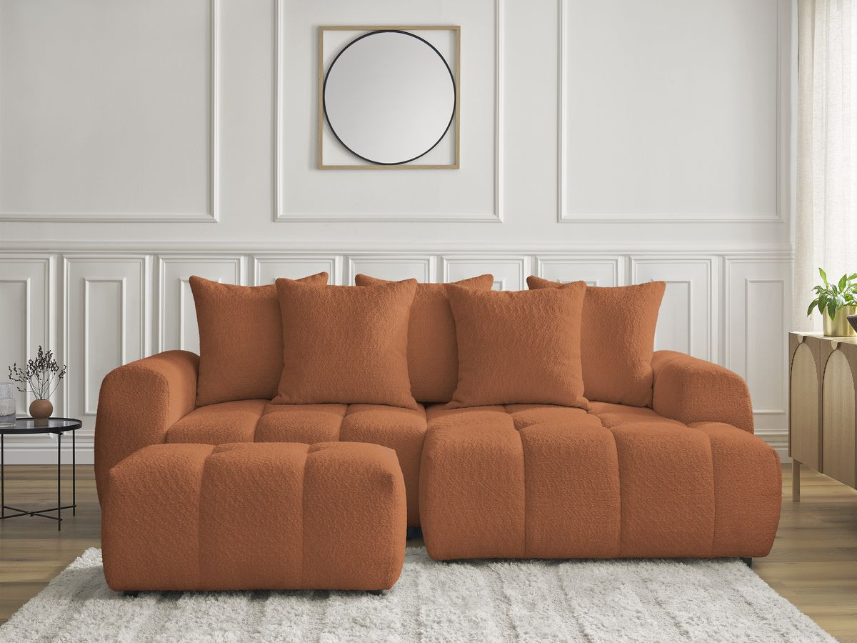 Canapé d'angle convertible coffre ROXELANE bouclette avec pouf orange — vue 5