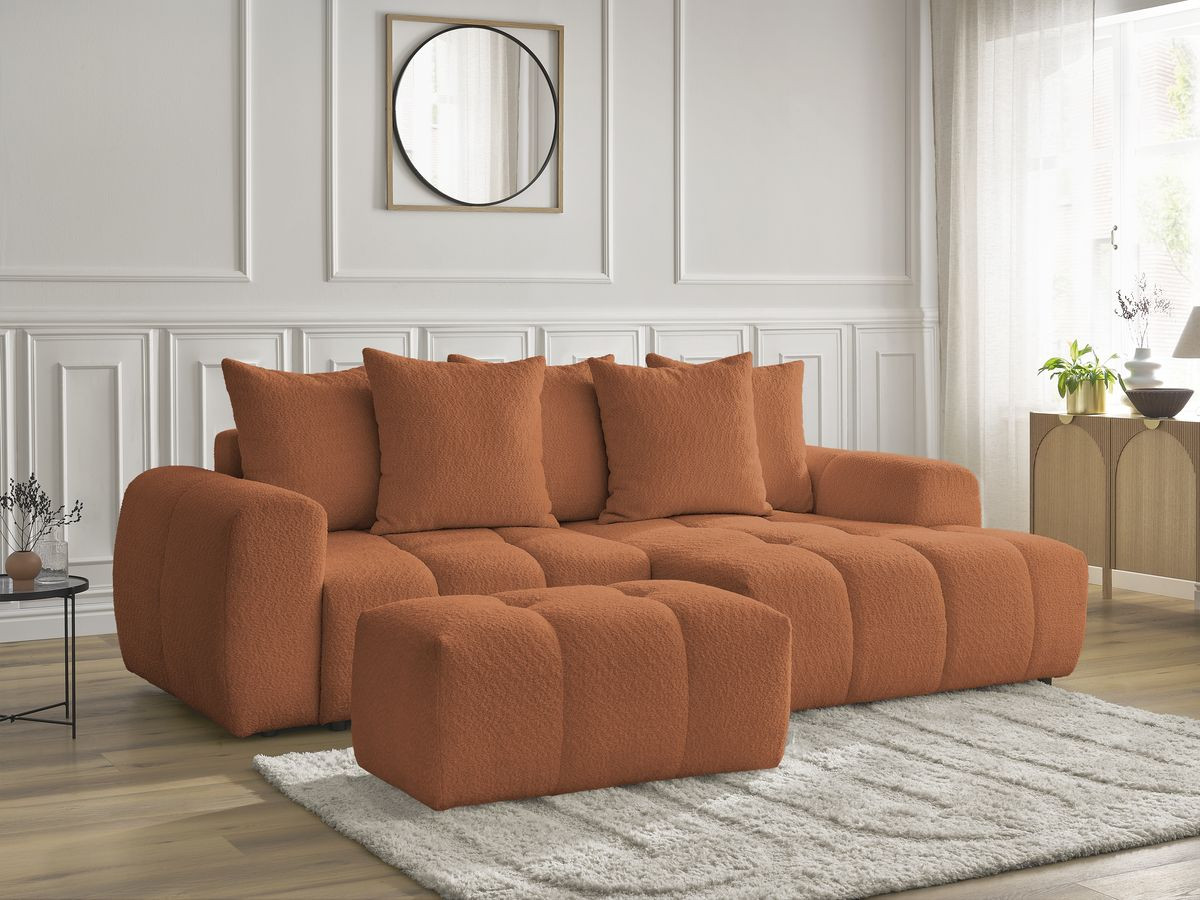 Canapé d'angle convertible coffre ROXELANE tissu bouclette avec pouf